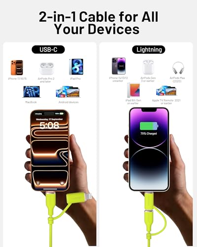 2-in-1 Silicone USB C to USB C Cable 6FT, MFi Lightning Adapter - color: C to C/Lightning Silicone Green