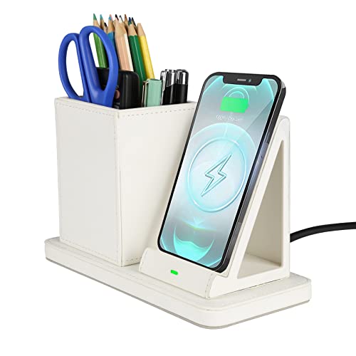 Wireless Charger with Desk Organizer, Wireless Charging Station for iPhone 14/14 Pro/13/12/11/Samsung Galaxy S23/S22/S21/S20/Note 20/Note 10, Charging Stand with Leather, White - color: White