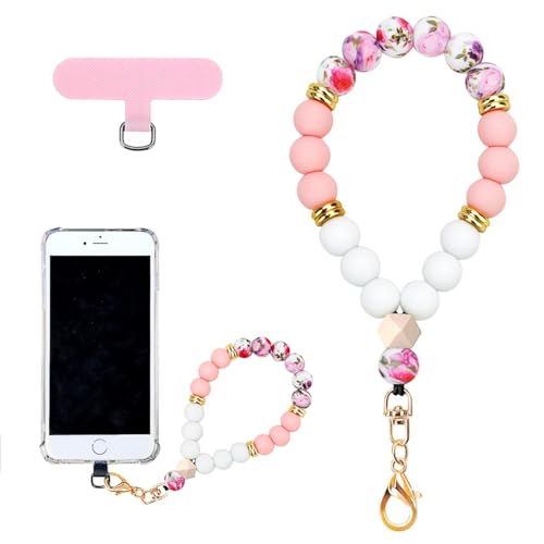VICHUNHO Marble Silicone Beaded Phone Wrist Strap - color: Colorful Pink