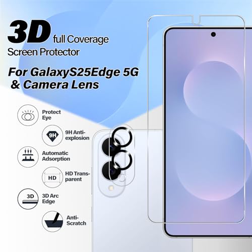BIGFACE Galaxy S25 Edge Tempered Glass Screen Protector + Camera Lens Protector [2 + 2 Pack][Case Friendly][Anti-Scratch][Ultrasonic Fingerprint Unlock] HD Protective Film for Samsung Galaxy S25 Edge - size: Galaxy S25 Edge(6.7'')