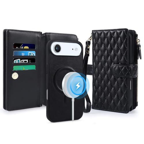 for iPhone 17 AIR Case Wallet,Compatible with MagSafe 2 in 1 Magnetic Detachable PU Leather RFID Blocking Wallet Cover Card Holder Zipper Wrist Strap Lanyard,Quilted Black - color: Quilted Black, size: iPhone 17 AIR