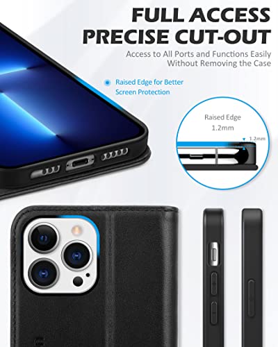 SHIELDON Genuine Leather Wallet Case for iPhone 13 Pro 6.1" 2021, Black | Magnetic Closure, RFID Blocking, Credit Card Holder, Kickstand, Folio Book Design, Shockproof Phone Cover - color: Black
