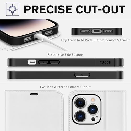 TUCCH Wallet Case for iPhone 14 Pro (6.1") 2022, Flip Stand, White | RFID Blocking, 4 Card Holders, Kickstand, PU Leather, Shockproof TPU Shell, Magnetic Closure, Protective Folio Cover - color: White