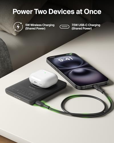 Belkin 5K 7.5W Ultra Slim Portable Power Bank, Supports MagSafe Accessories - color: Black