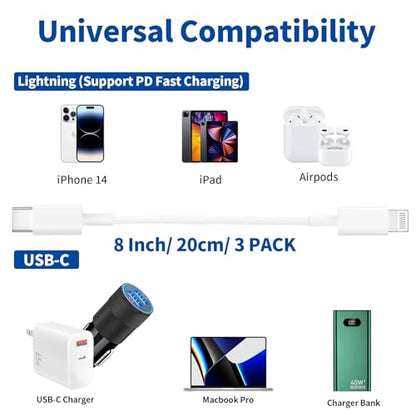 [Apple MFi Certified] Short USB-C to Lightning Cable (3Pack 0.6FT), iPhone Fast Charger Cable USB-C Power Delivery Charging Cord High Speed Data Sync for iPhone 14 13 12 11 Pro XS XR X 8 iPad Airpods