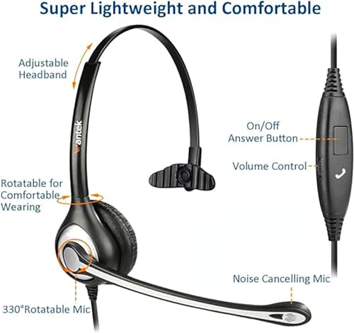 Wantek 2.5mm Headset with Microphone, Wired Phone Headset, Noise Cancelling & Volume Controls, Telephone Headphone Compatible with Panasonic, Cisco, Polycom, Gigaset's 2.5mm Jack Phone Headset - color: Dark black