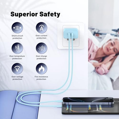 QZIIW iPhone 17 16 15 Pro Max Fast Charger,45W Dual Port USB C Fast Charger - color: Blue, size: 3FT+6FT+10FT+10FT