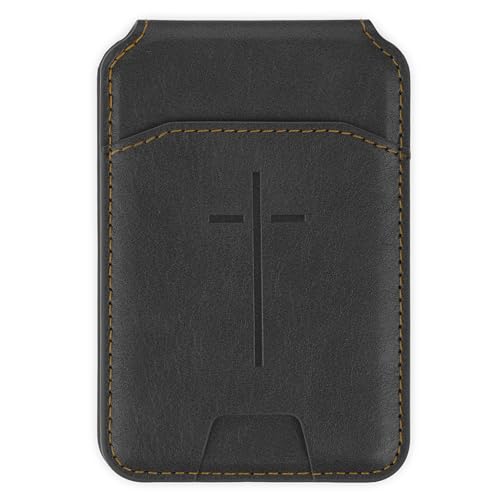 Christian Art Gifts Magsafe Compatible Magnetic Faux Leather Phone Wallet Stand for Men/Women: Multiple Non-Slip Card Slots, Secure Button Closure, ID Window, Debossed Cross Design, Black, 3.9" x 2.5" - color: Black Snap Closure/Cross