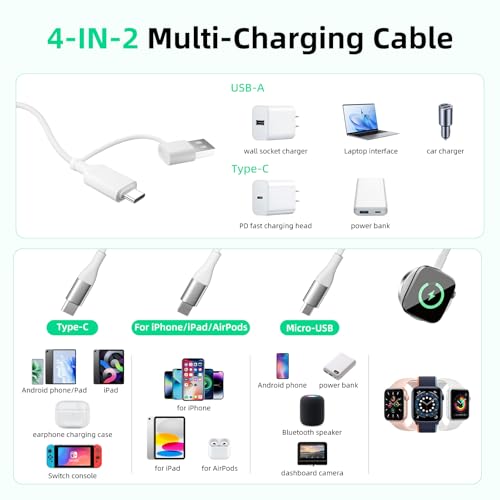 A-Pce 4-in-2 Multi Charging Cable with Smartwatch Charging, White-6FT - color: White, size: 6FT