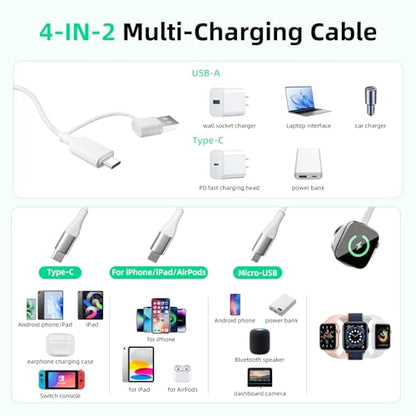 A-Pce 4-in-2 Multi Charging Cable with Smartwatch Charging, White-6FT - color: White, size: 6FT