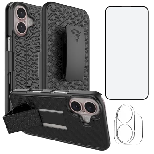 for iPhone 17 Stand Case, Belt Clip Holster Screen Protector-Black | Camera Lens Protector, Swivel Kickstand Holder, Slim Shell Pouch Full Body Protective, Rugged Shockproof Cell Phone Cover - size: iPhone 17