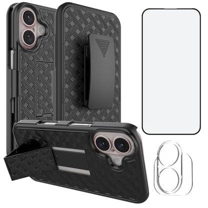 Ailiber for iPhone 17 Stand Case, Belt Clip Holster Screen Protector-Black | Camera Lens Protector, Swivel Kickstand Holder, Slim Shell Pouch Full Body Protective, Rugged Shockproof Cell Phone Cover - size: iPhone 17