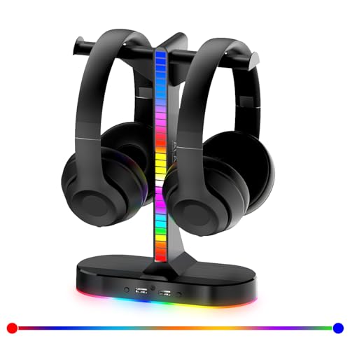 Dual Headphones Stand with Charger for Men, Headset Holder Stand for Desk - color: Black