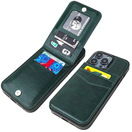KIHUWEY for iPhone 14 Pro Max Wallet Case Card Holder Kickstand, Green | Credit Card Slots, PU Leather, Magnetic Clasp, Flip Heavy Duty Protection Cover for Men and Women - color: Green
