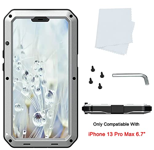 for iPhone 13 Pro Max Case,360 Full Body Protective Heavy Duty Shockproof Tough Armour Aluminum Metal Case with Silicone Built-in Screen Protector for iPhone 13 Pro Max 6.7" - Silver - color: Silver