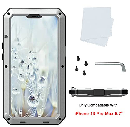 for iPhone 13 Pro Max Case,360 Full Body Protective Heavy Duty Shockproof Tough Armour Aluminum Metal Case with Silicone Built-in Screen Protector for iPhone 13 Pro Max 6.7" - Silver - color: Silver