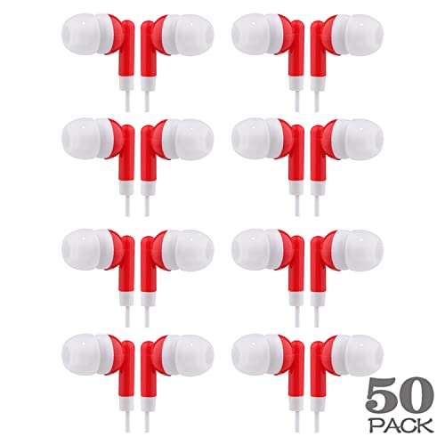 CN-Outlet Wholesale Earbuds Bulk Headphones Individually Bagged 50 Pack for iPhone, Android, MP3 Player for Schools, Libraries, Hospitals (Red) - color: Red