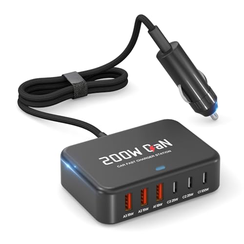 Dzytnsy 200W Car Fast Charging Station,6 Ports, Compatible with MacBook pro/Air/M5 M4 M3 M2 M1/Dell/Lenovo/HP,for iPhone18/17/16/15 Series,Samsung Galaxy S26/S25 Ultra/S24 Series and More