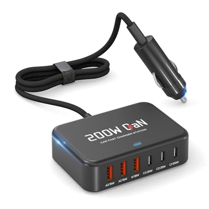 Dzytnsy 200W Car Fast Charging Station,6 Ports, Compatible with MacBook pro/Air/M5 M4 M3 M2 M1/Dell/Lenovo/HP,for iPhone18/17/16/15 Series,Samsung Galaxy S26/S25 Ultra/S24 Series and More