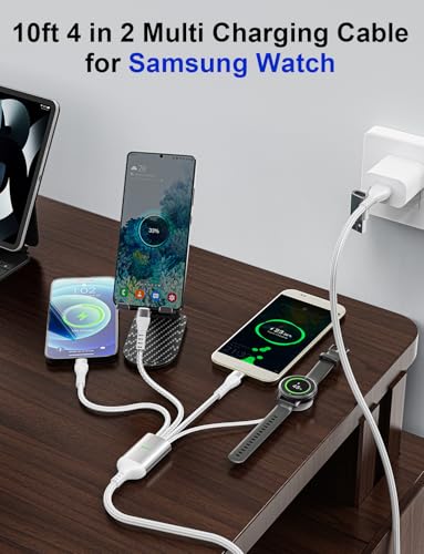 100W Multi Charger Cable for Samsung Galaxy Watch Ultra/Classic/8/7/6/5-4-in-1 10ft Galaxy Watch Charger Multi Charging Cable with USB C, Lightning & Micro USB for Samsung Watch and Multiple Devices