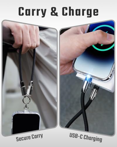 KeyUnity Phone Lanyard with USB C Charging Cable 2 in 1 Braided Strap Wrist and Crossbody Lanyard Universal Phone Strap - color: Black, size: 18cm