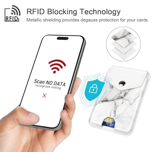 Self Adhesive Card Holders for Back of Phone, Leather RFID Phone Wallet Pockets with Snap, Card Holder Sleeve for Phone Case, White Marble - color: White Marble