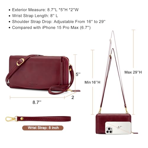 Peacocktion Womens Crossbody Wristlet Wallets with Cell Phone Pocket RFID Vegan Leather Cross Body Purses Travel - color: 05-wine Red
