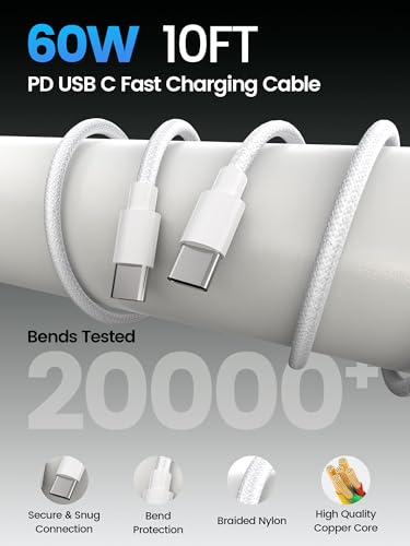 60W USB C Charger Block 2-Pack with 10FT USB-C Cable for iPhone 17/16/15 - color: Cream