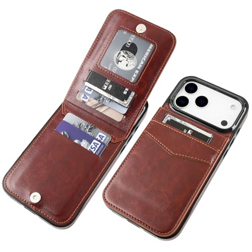 KIHUWEY for iPhone 17 Pro Max Wallet Case Card Holder Kickstand, Brown | Credit Card Slots, PU Leather, Magnetic Clasp, Flip Heavy Duty Protection Cover for Men - color: Brown
