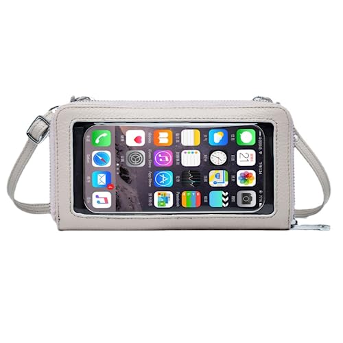 Cell Phone Purse for Women Touch Screen Crossbody Wallet Genuine Leather Mini Bag with Phone Holder Pocket - color: Grey White