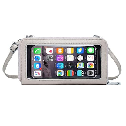 Cell Phone Purse for Women Touch Screen Crossbody Wallet Genuine Leather Mini Bag with Phone Holder Pocket - color: Grey White