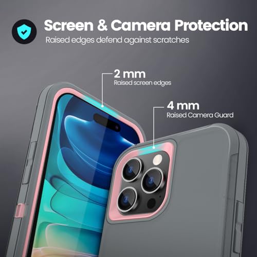 Sansunto for iPhone 15 Pro Max Case, Full Body Protection Heavy Duty Shockproof Military Grade 3 in 1 Silicone Rubber with Hard PC Rugged Durable Phone Cover - color: Grey/Pink