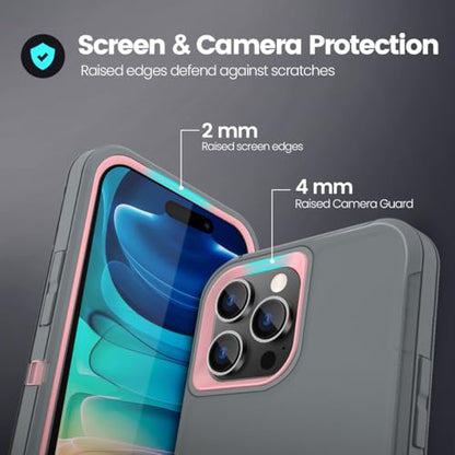 Sansunto for iPhone 15 Pro Max Case, Full Body Protection Heavy Duty Shockproof Military Grade 3 in 1 Silicone Rubber with Hard PC Rugged Durable Phone Cover - color: Grey/Pink