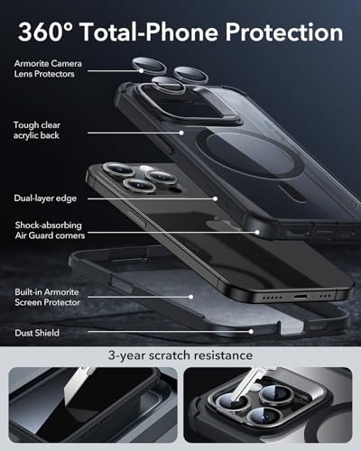 ESR for iPhone 15 Pro Case with Stand, Compatible with MagSafe, Full-Body Military-Grade Drop Proof Case with Built-in 9H+ Tempered Glass Screen Protector, Armor Series, Clear Black - color: Clear Black + Stand