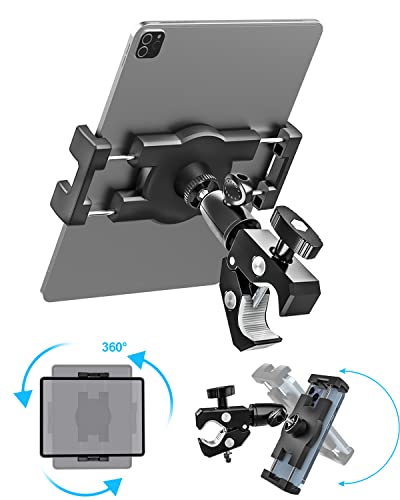 Aluminum Bike Tablet Mount Camera Clamp, Handlebar Tablet Holder for Motorcycle, Bicycle, Scooter, Stroller, Wheelchair for iPad Pro Air Mini, Galaxy TabS, Z Fold, Fire, iPhone, 4.7-13" Devices