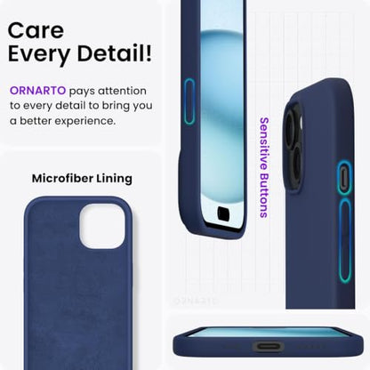 ORNARTO Compatible with iPhone 15 Case 6.1, Slim Liquid Silicone 3 Layers Full Covered Soft Gel Rubber Phone Case, Anti-Scratch Shockproof Protective Cover 6.1 Inch, Dark Blue - color: Dark Blue