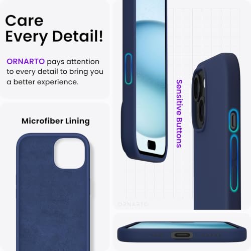 ORNARTO Compatible with iPhone 15 Case 6.1, Slim Liquid Silicone 3 Layers Full Covered Soft Gel Rubber Phone Case, Anti-Scratch Shockproof Protective Cover 6.1 Inch, Dark Blue - color: Dark Blue