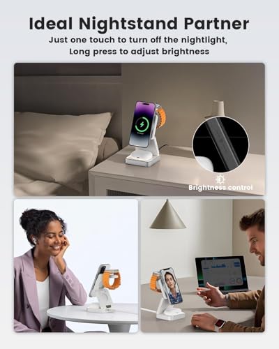 3 in 1 Wireless Charging Station Magnetic Wireless Charger,Portable Foldable Travel Essential with Nightlight Fast Charger Stand for iPhone 17 Pro Max/17 Pro/17Air/17/16/15/14/13,AirPods&Apple Watch - color: White