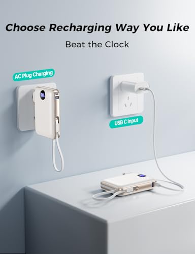 Portable Charger Power Bank 10000mAh, 45% Smaller Built-inCables & AC Plug - color: Off-White