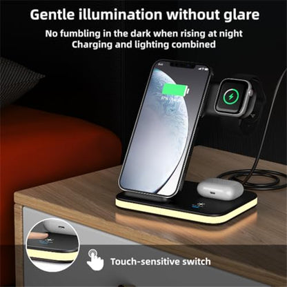 4 in 1 Wireless Charging Station, Travel Charging Pad, Soft Glow Night Light and Pure Copper Dual Coils, Wireless Charging Stand Dock for iPhone