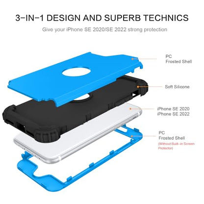 BENTOBEN for iPhone SE 2022 Case and iPhone SE 2020 Case, Heavy Duty 3 in 1 Full Body Rugged Shockproof Hybrid Hard PC Soft Rubber Case for iPhone SE 3rd/2nd Gen, Doder Blue/Black Design - color: Black/Doder Blue