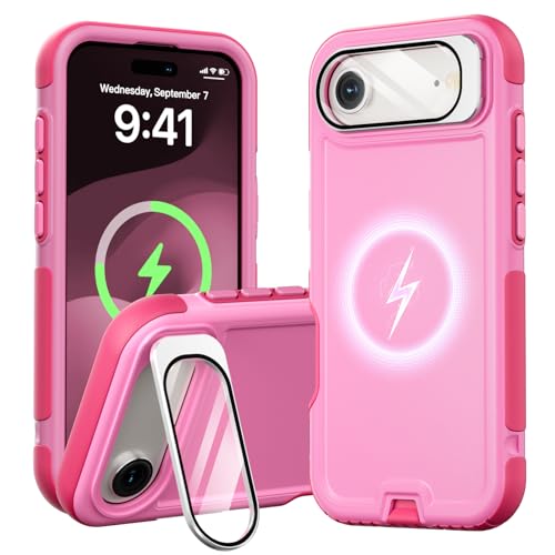 Follaroma Magnetic for iPhone 17 Air Case with Camera Stand, Pink，6.5" | Built-in Glass Camera Cover,Compatible with MagSafe,Heavy Duty Shockproof Protective,Military-Grade Anti-DropDual Layer Cover - color: Pink, size: iPhone 17 Air 6.5''