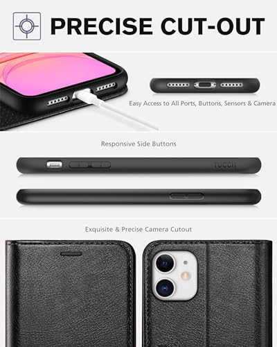 TUCCH Wallet Case for iPhone 11 (6.1") 2019, 3 Card Holders, Textured Black | RFID Blocking, Viewing Stand, Shockproof TPU Shell, PU Leather, Magnetic Closure, Protective Folio Flip Cover - color: Black - Textured