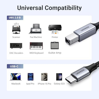 UGREEN USB-B to USB-C Cable 16FT, Nylon Braided for Printer & MIDI - color: Silver, size: 16 FT