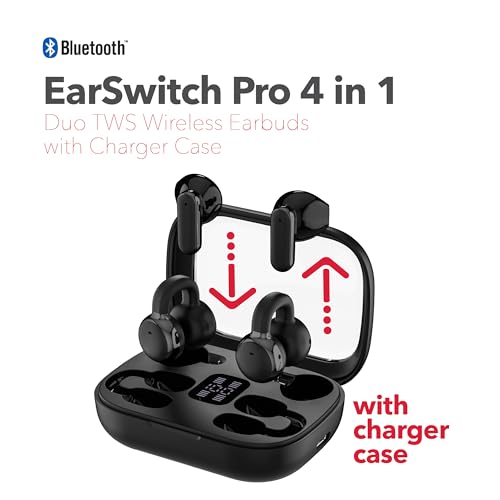 RCA EarSwitch Pro 4-in-1 Duo TWS Wireless Earbuds, Bluetooth 5.4 Open-Ear & in-Ear Dual Buds with LED Charging Case, Touch Control, Built-in Mic, 6H Playtime for Sport & Office (Black) - color: Black