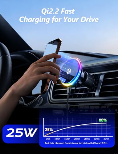 for Qi2.2 25W magsafe car mount charger, Magnetic Phone Holder with RGB Light, Wireless Car Charger 25W, Fast Charging For iPhone 17 Pro Max 16-12 Series, Galaxy S26 Ultra, Google Pixel 10 Pro