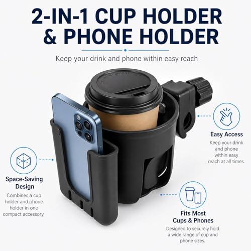 2 in 1 Universal Cup Holder with Phone Mount Tool-Free Clamp On for Stroller Walker Wheelchair Bike Scooter 360 Degree Rotatable Black - color: Black