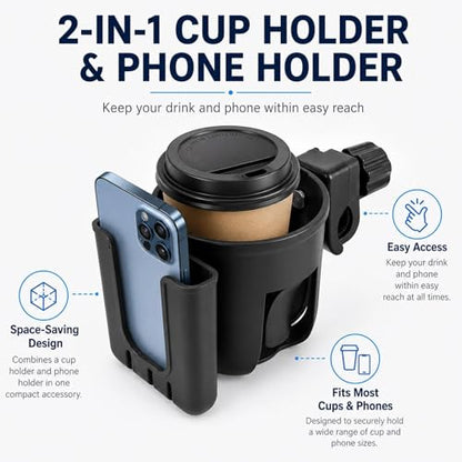 2 in 1 Universal Cup Holder with Phone Mount Tool-Free Clamp On for Stroller Walker Wheelchair Bike Scooter 360 Degree Rotatable Black - color: Black