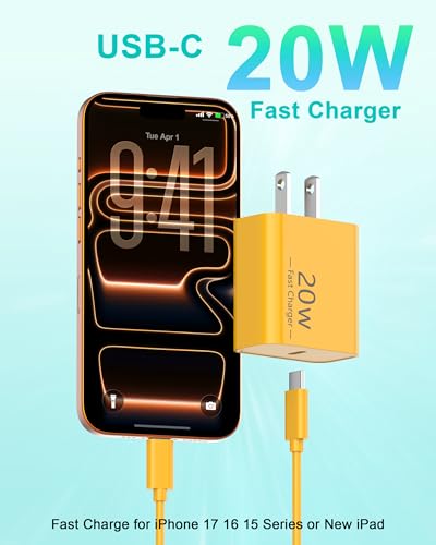 iPhone 17 16 15 Charger Fast Charging 10FT, 20W USB C Charger Block & Cable - color: Yellow