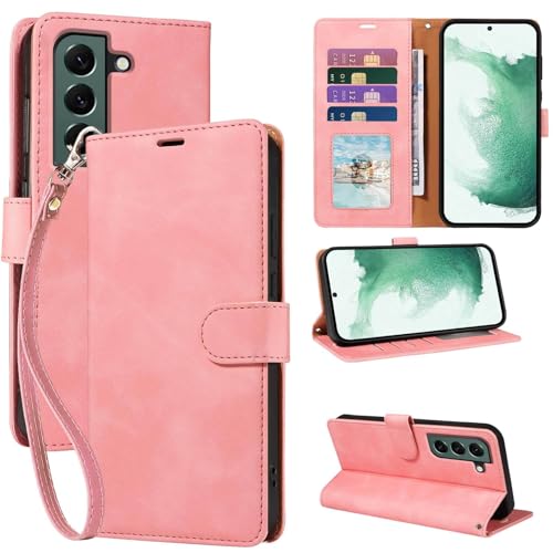 Wallet Case for Galaxy S22, RFID Blocking, 4 Card Slots, Pink | For Samsung Galaxy S22 6.1 inch, PU Leather Flip Cover, Protective TPU Shell, Magnetic Closure, Stand, Wrist Strap - color: Pink